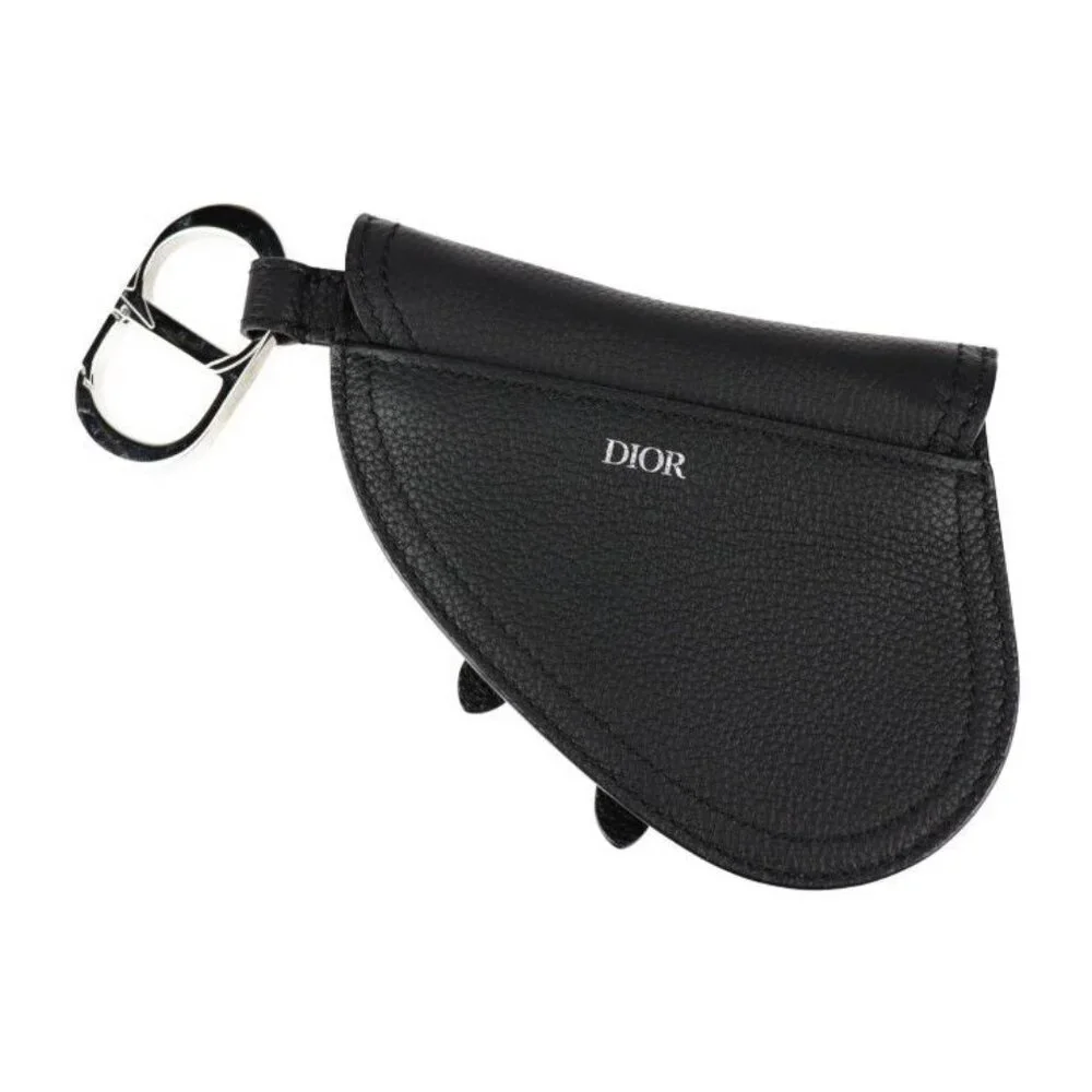 Christian Dior Saddle Poach Saddle Pouch Coin Case Leather Black Silver